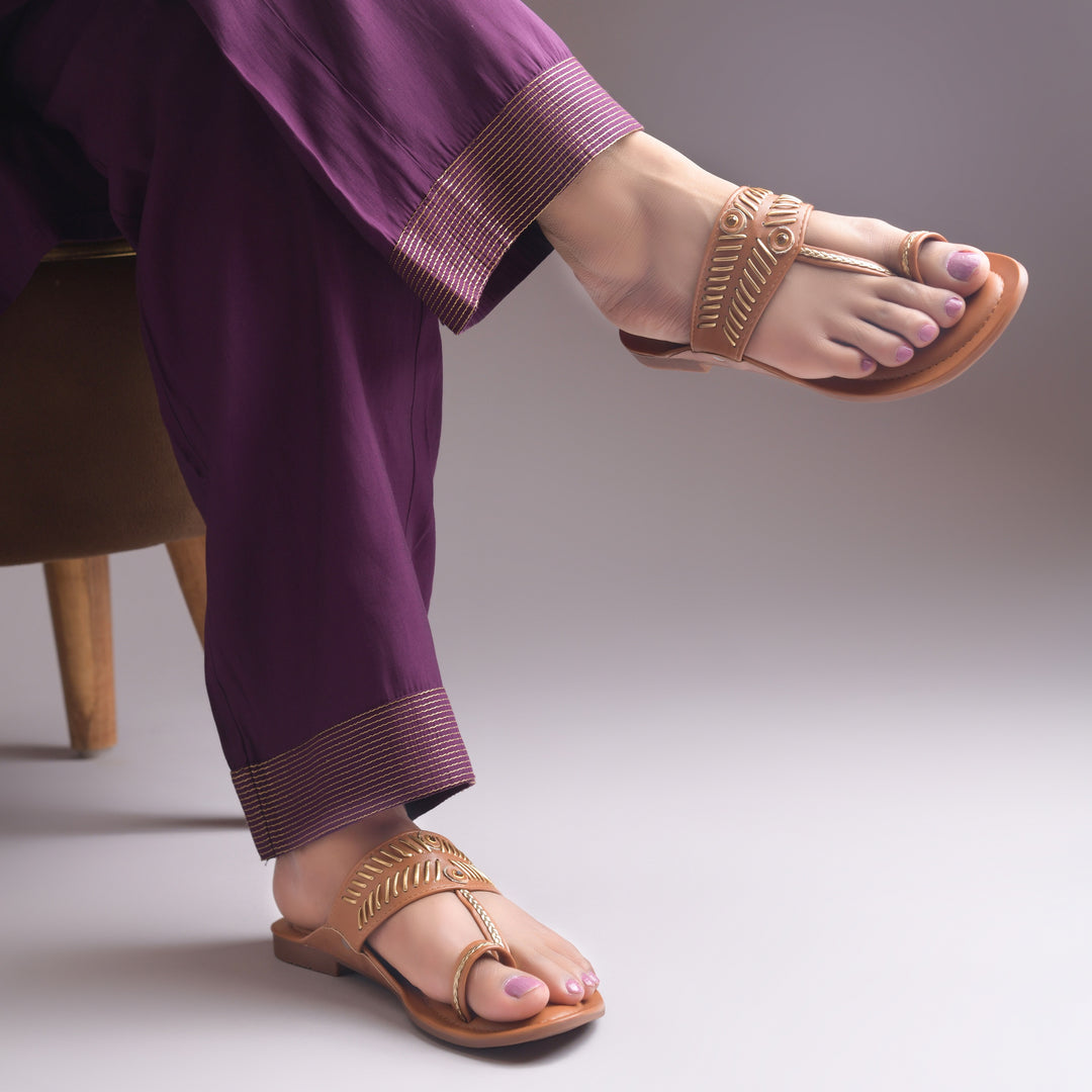 Women's Kolhapuri Style Toe Ring Flats with Woven Strap & Metal Stud Detail Slippers