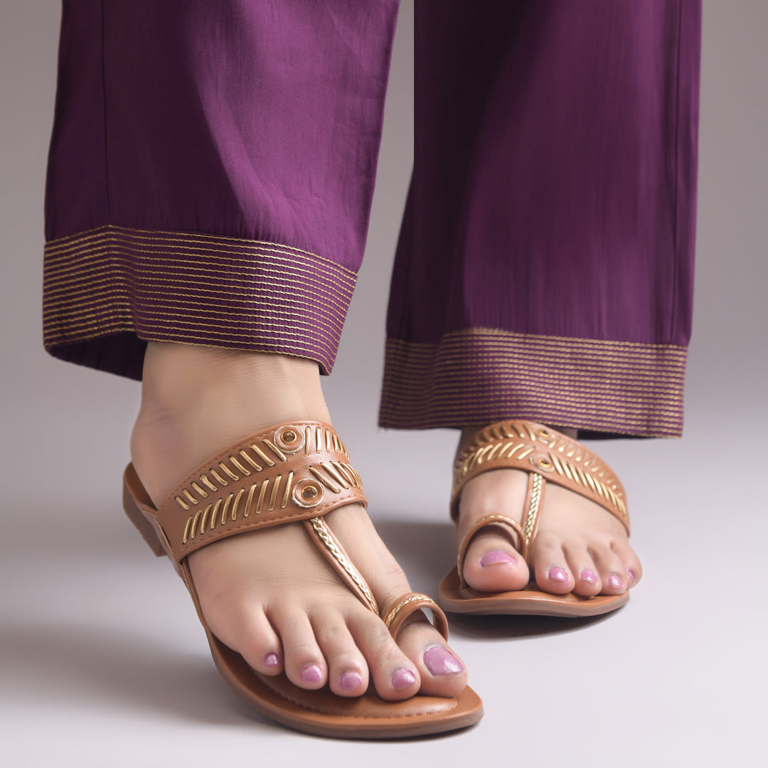 Women's Kolhapuri Style Toe Ring Flats with Woven Strap & Metal Stud Detail Slippers