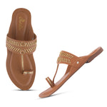 Load image into Gallery viewer, Women's Kolhapuri Style Toe Ring Flats with Woven Strap &amp; Metal Stud Detail Slippers