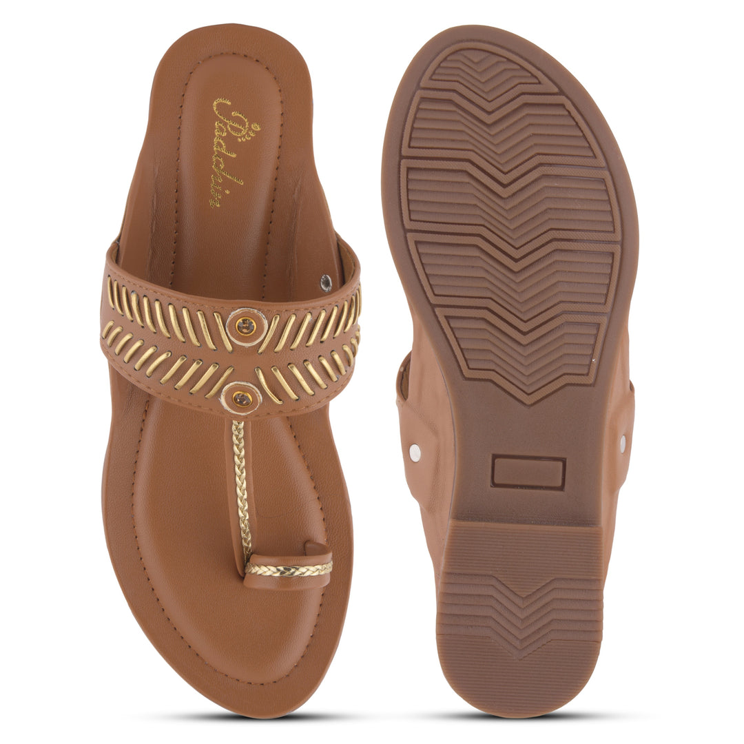 Women's Kolhapuri Style Toe Ring Flats with Woven Strap & Metal Stud Detail Slippers