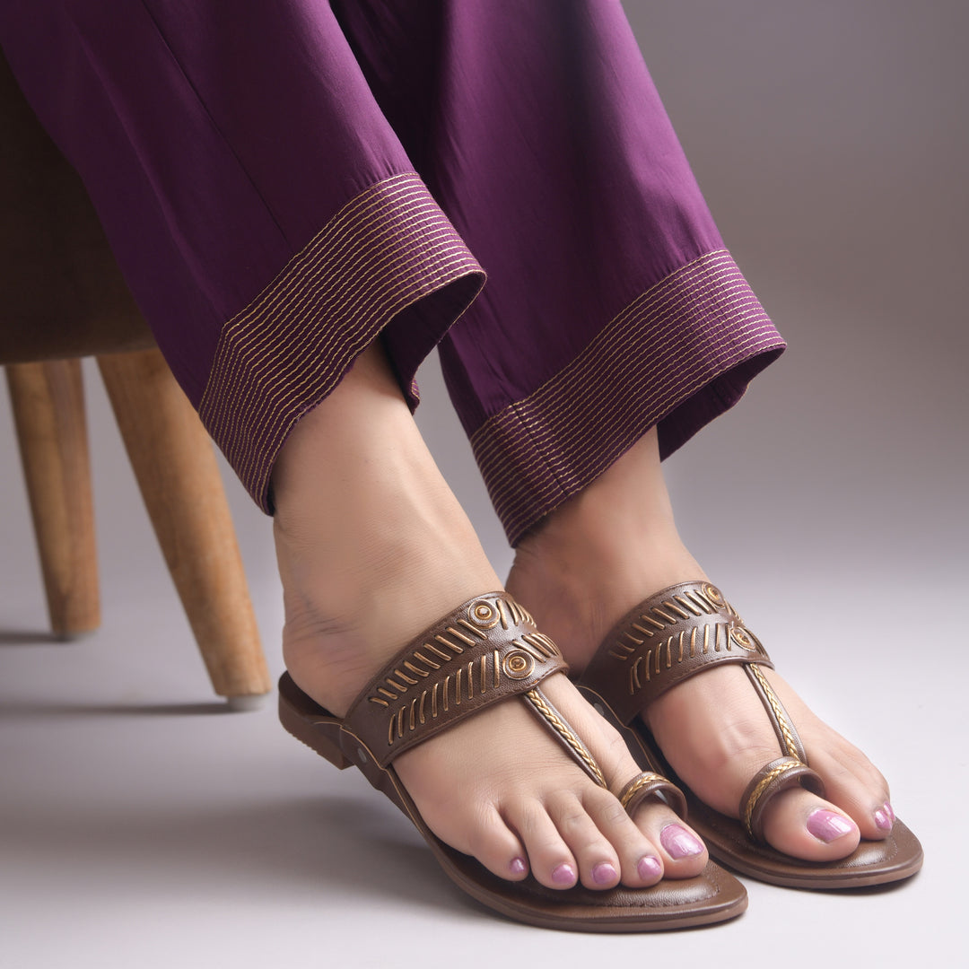 Women's Kolhapuri Style Toe Ring Flats with Woven Strap & Metal Stud Detail Slippers