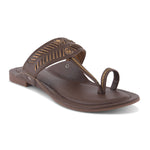 Load image into Gallery viewer, Women's Kolhapuri Style Toe Ring Flats with Woven Strap &amp; Metal Stud Detail Slippers
