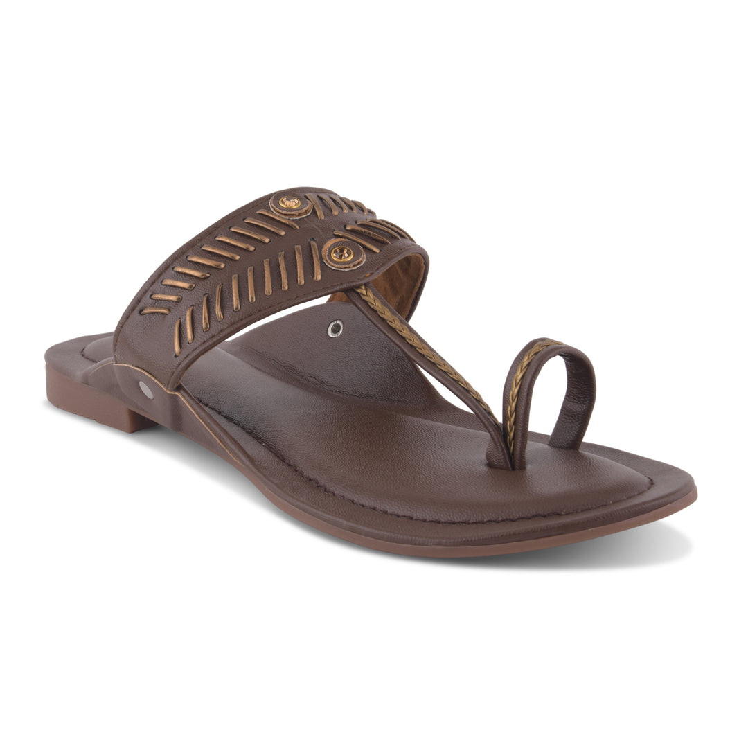 Women's Kolhapuri Style Toe Ring Flats with Woven Strap & Metal Stud Detail Slippers