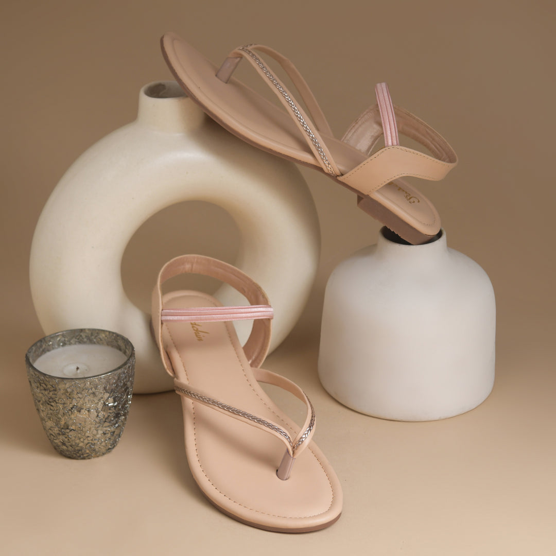 Women's Toe Ring Flat Sandals with Metallic Multi Strap Design Slippers