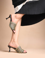 Padchin Womens Heels Knitted Open Toe Slim Heeled Mules for Casual and Formal Wear