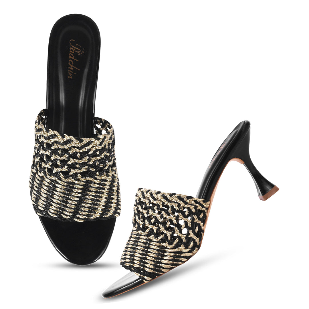 Padchin Womens Heels Knitted Open Toe Slim Heeled Mules for Casual and Formal Wear