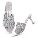 Load image into Gallery viewer, Padchin Womens Heels Knitted Open Toe Slim Heeled Mules for Casual and Formal Wear
