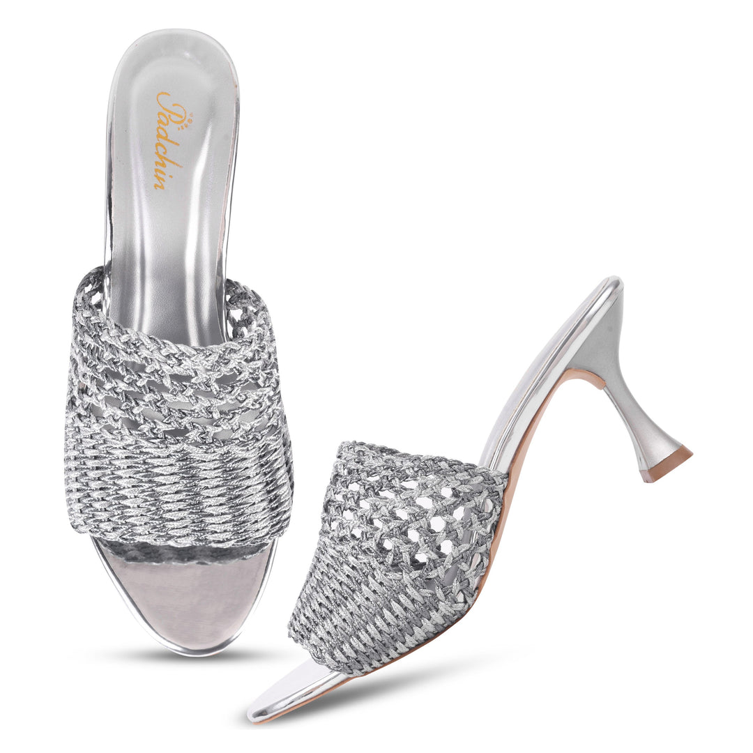 Padchin Womens Heels Knitted Open Toe Slim Heeled Mules for Casual and Formal Wear
