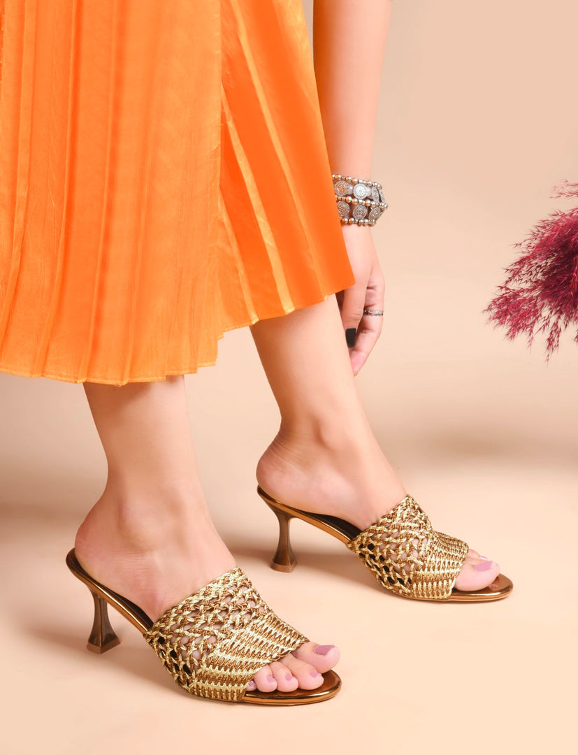 Padchin Womens Heels Knitted Open Toe Slim Heeled Mules for Casual and Formal Wear