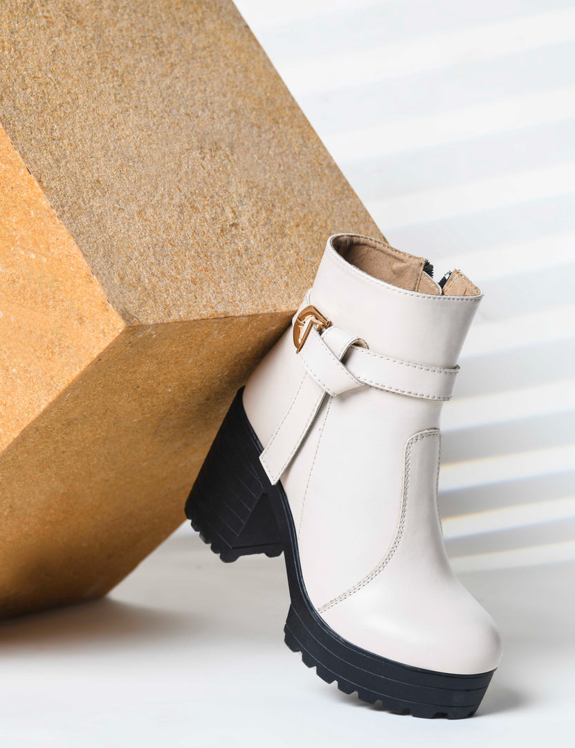 Padchin Women's Block Heel Boot | High ankle Monk Strap Tan Boots for Women