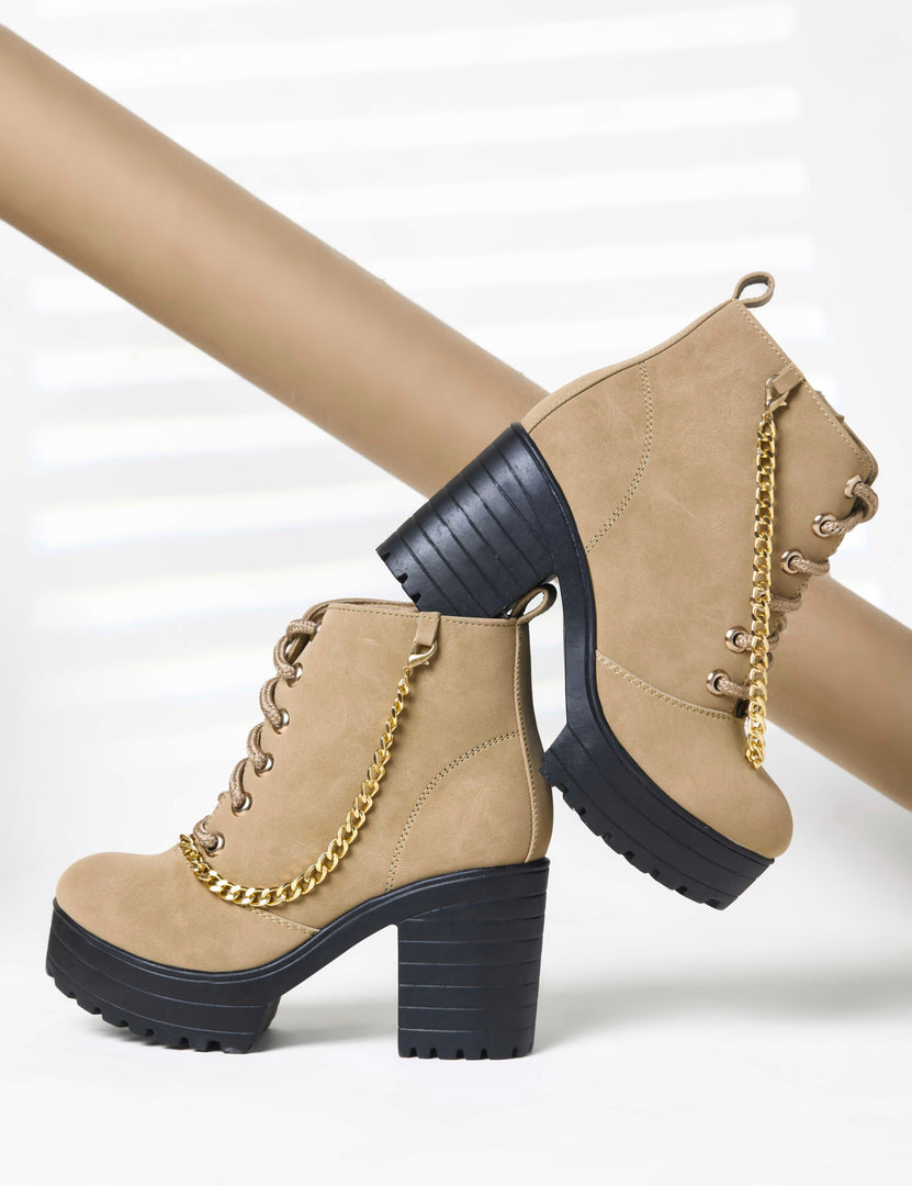 Padchin Women Block Heel Beige Boot With Zipper & Lace Up Style