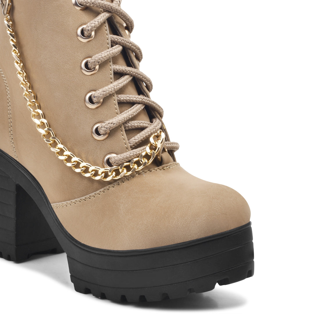 Padchin Women Block Heel Beige Boot With Zipper & Lace Up Style