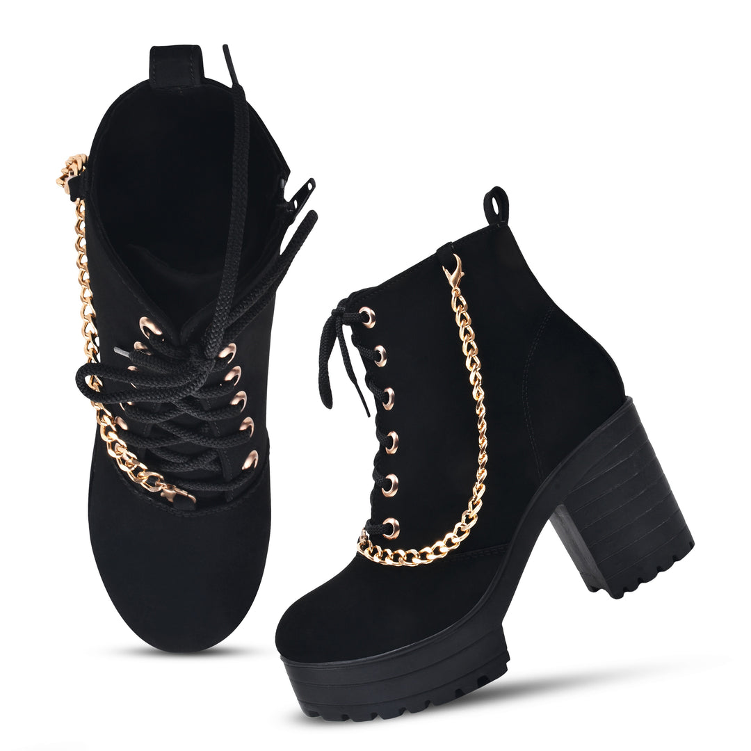 Padchin Women Block Heel Beige Boot With Zipper & Lace Up Style