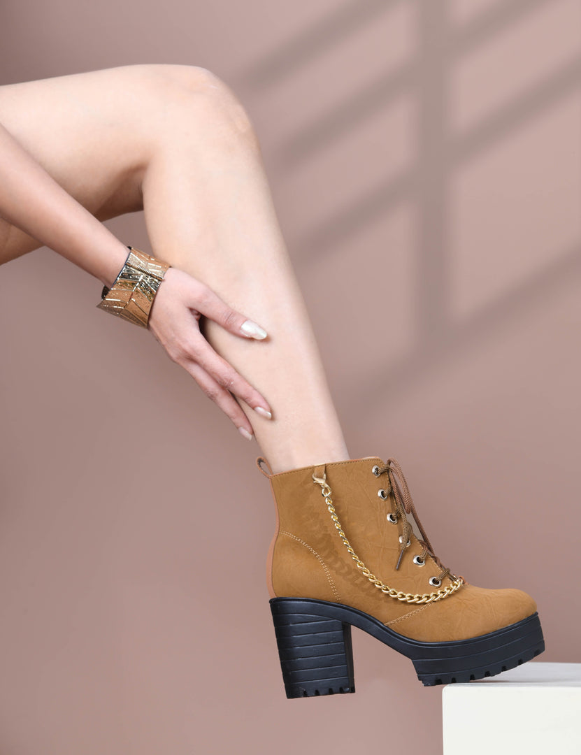 Padchin Women Block Heel Beige Boot With Zipper & Lace Up Style