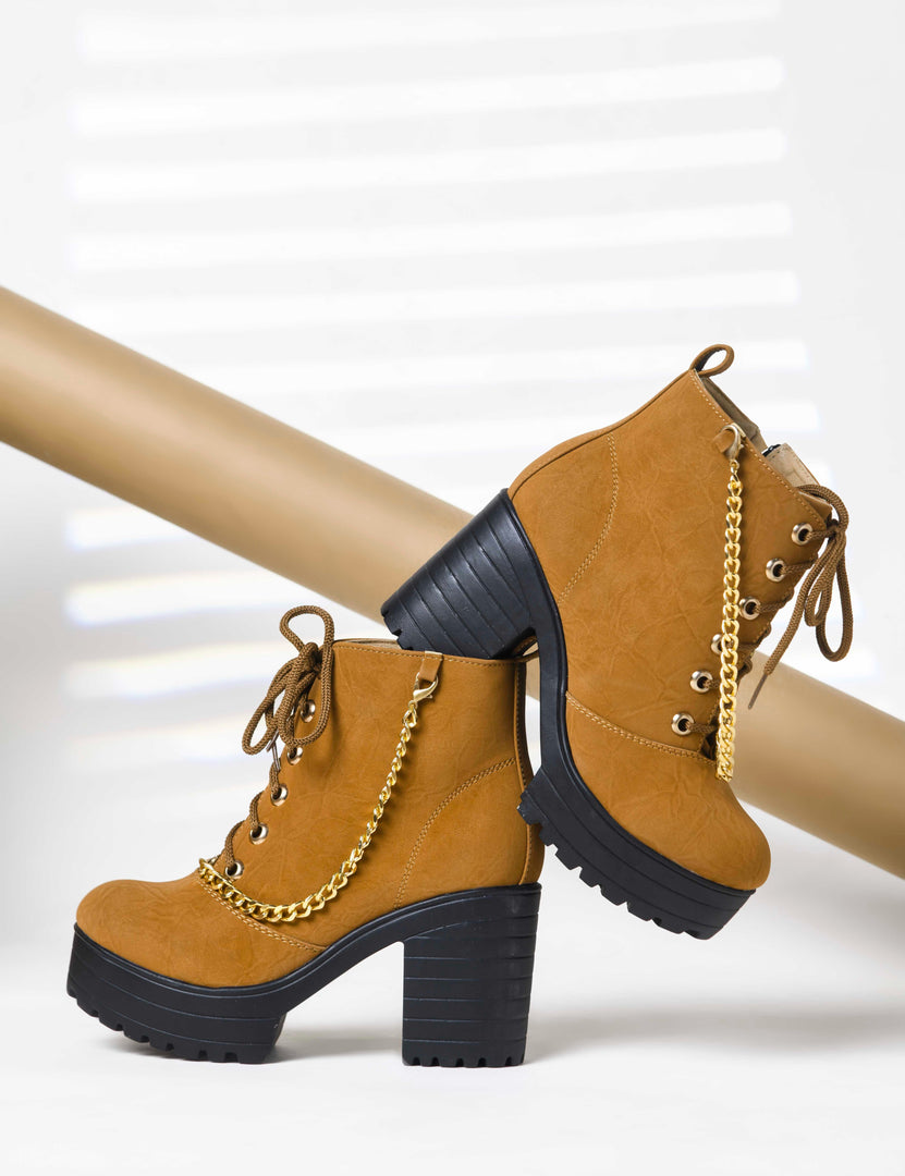 Padchin Women Block Heel Beige Boot With Zipper & Lace Up Style