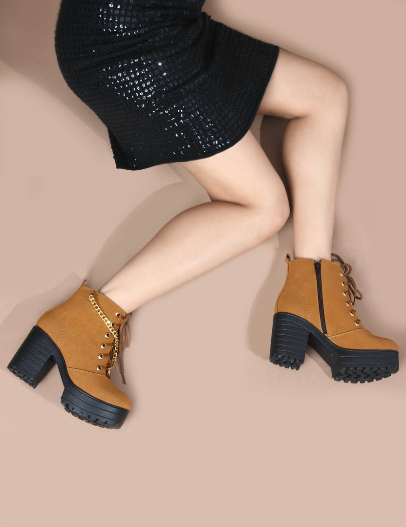 Padchin Women Block Heel Beige Boot With Zipper & Lace Up Style