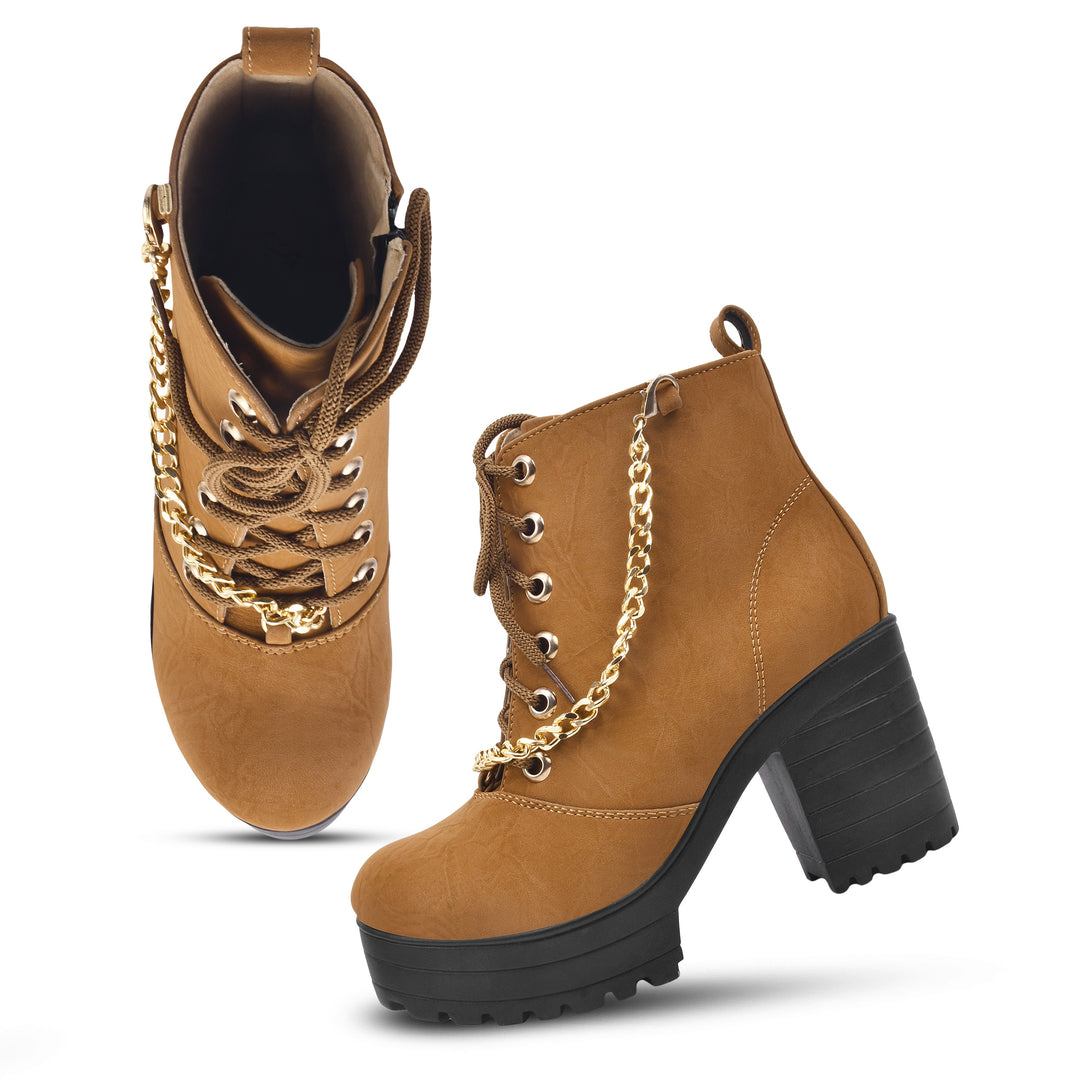 Padchin Women Block Heel Beige Boot With Zipper & Lace Up Style