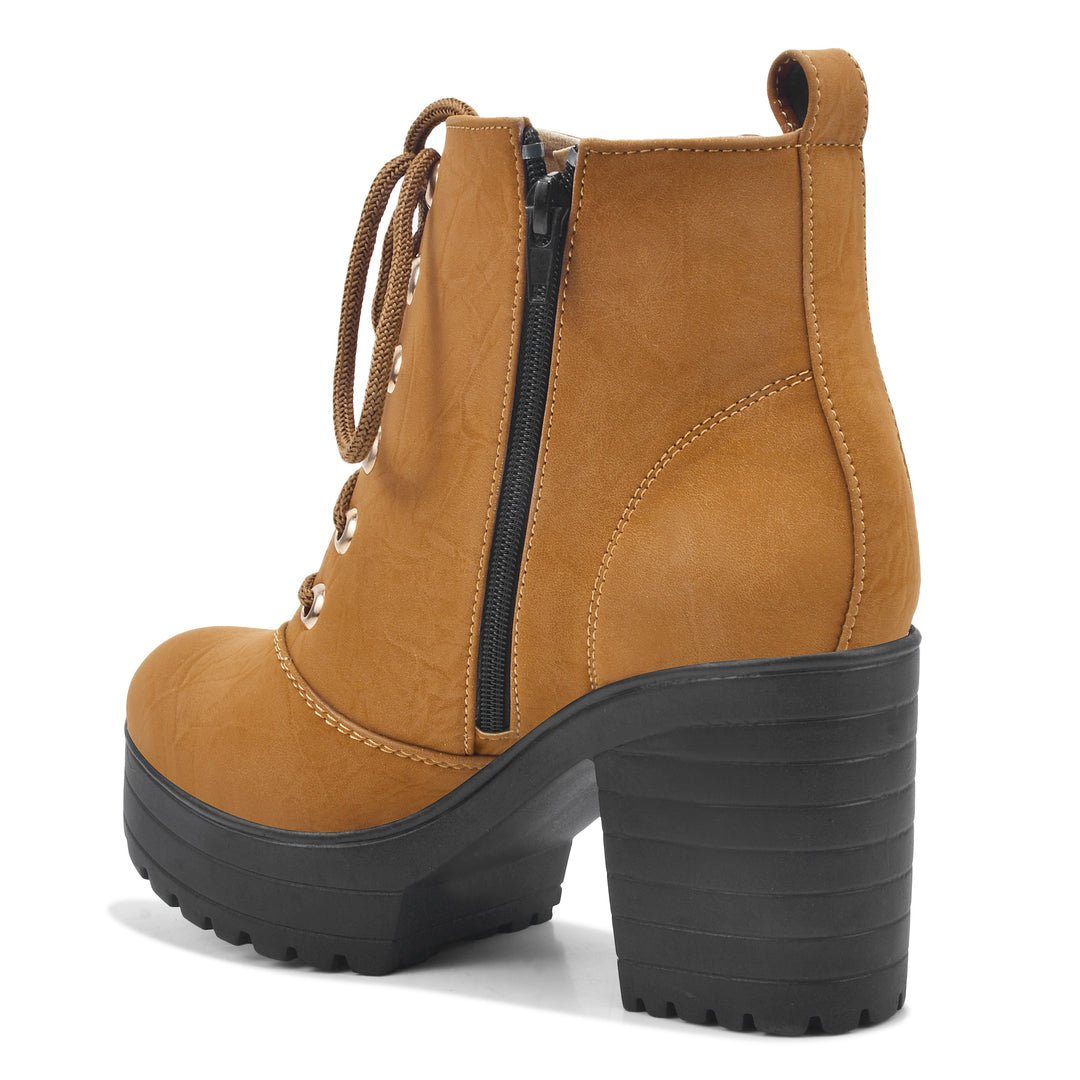 Padchin Women Block Heel Beige Boot With Zipper & Lace Up Style