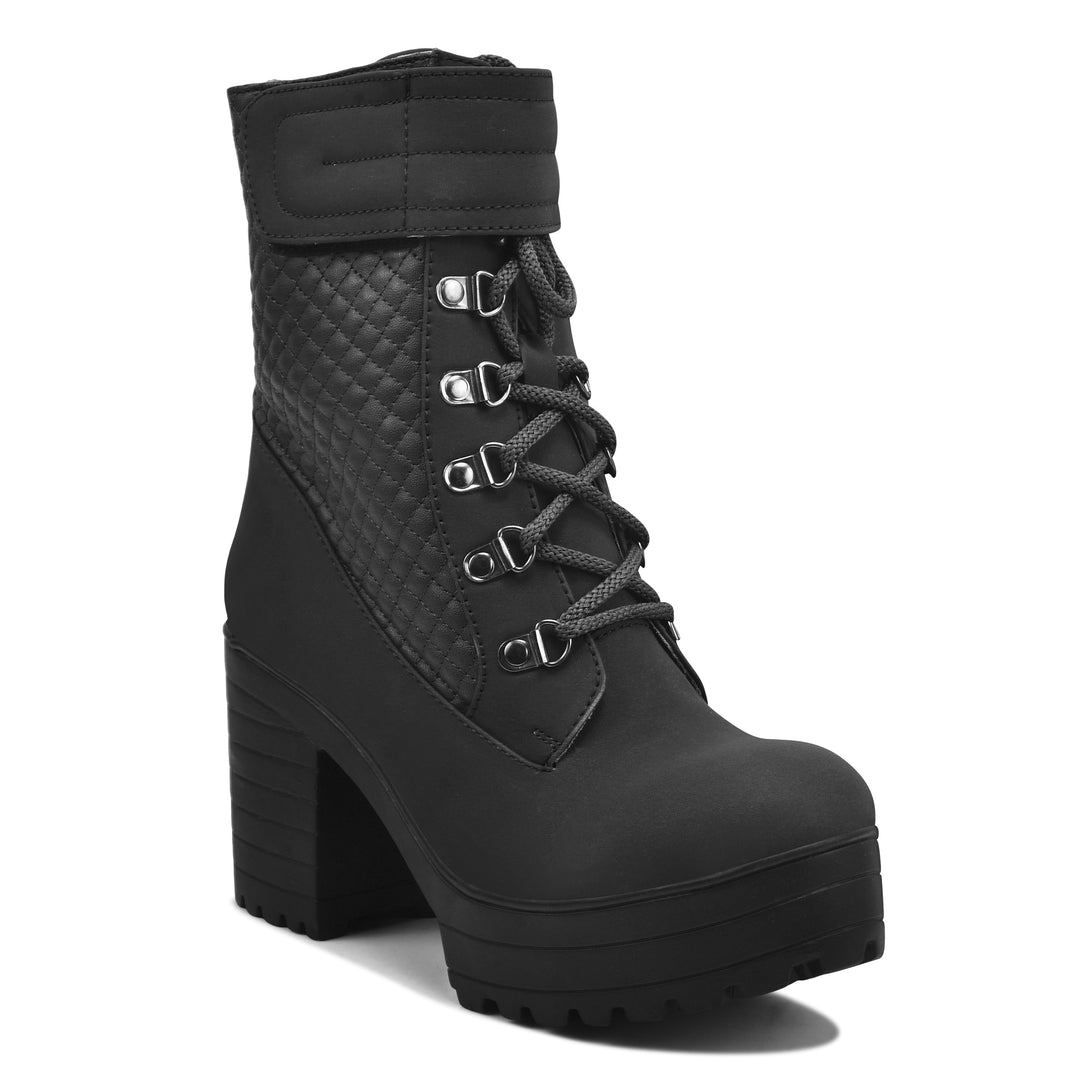Padchin Women Block Heel Boot With Velcro Strap & Lace Up Style