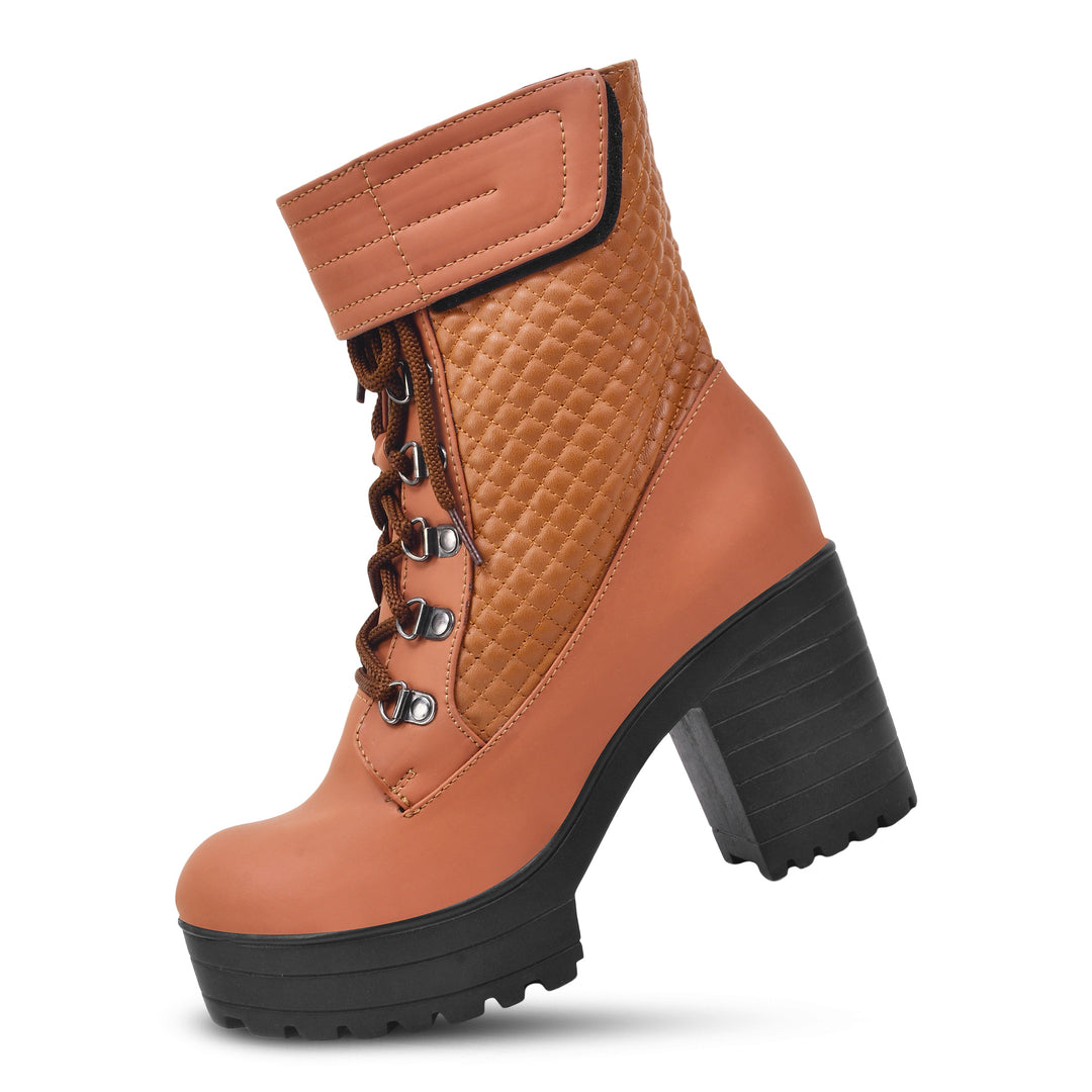 Padchin Women Block Heel Boot With Velcro Strap & Lace Up Style