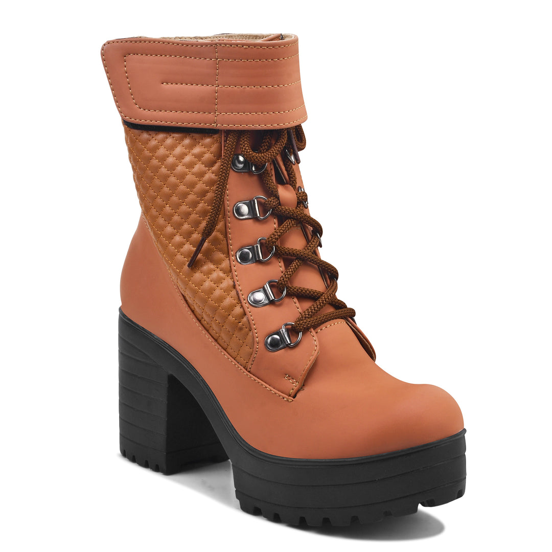 Padchin Women Block Heel Boot With Velcro Strap & Lace Up Style