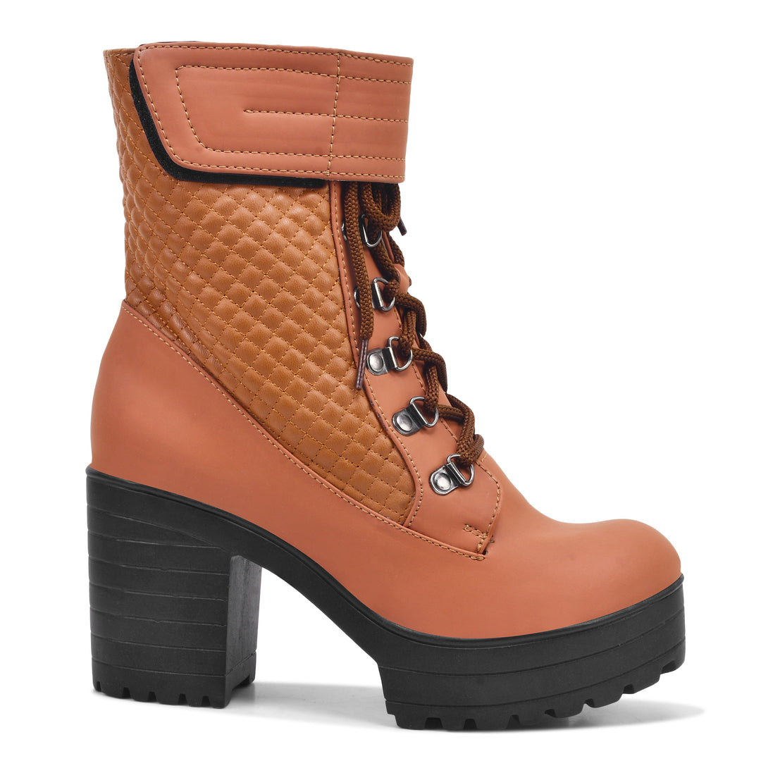 Padchin Women Block Heel Boot With Velcro Strap & Lace Up Style