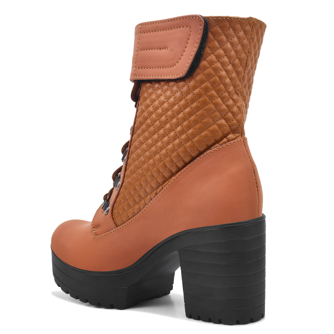 Padchin Women Block Heel Boot With Velcro Strap & Lace Up Style