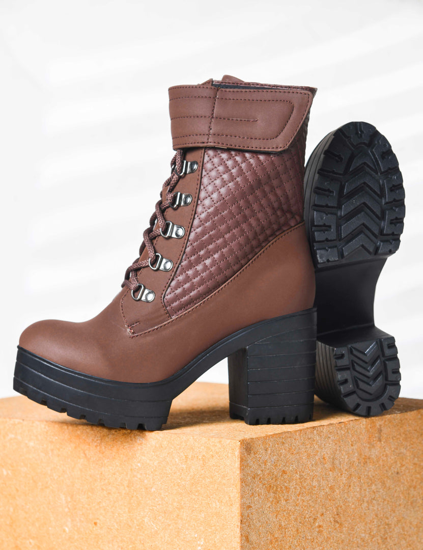 Padchin Women Block Heel Boot With Velcro Strap & Lace Up Style