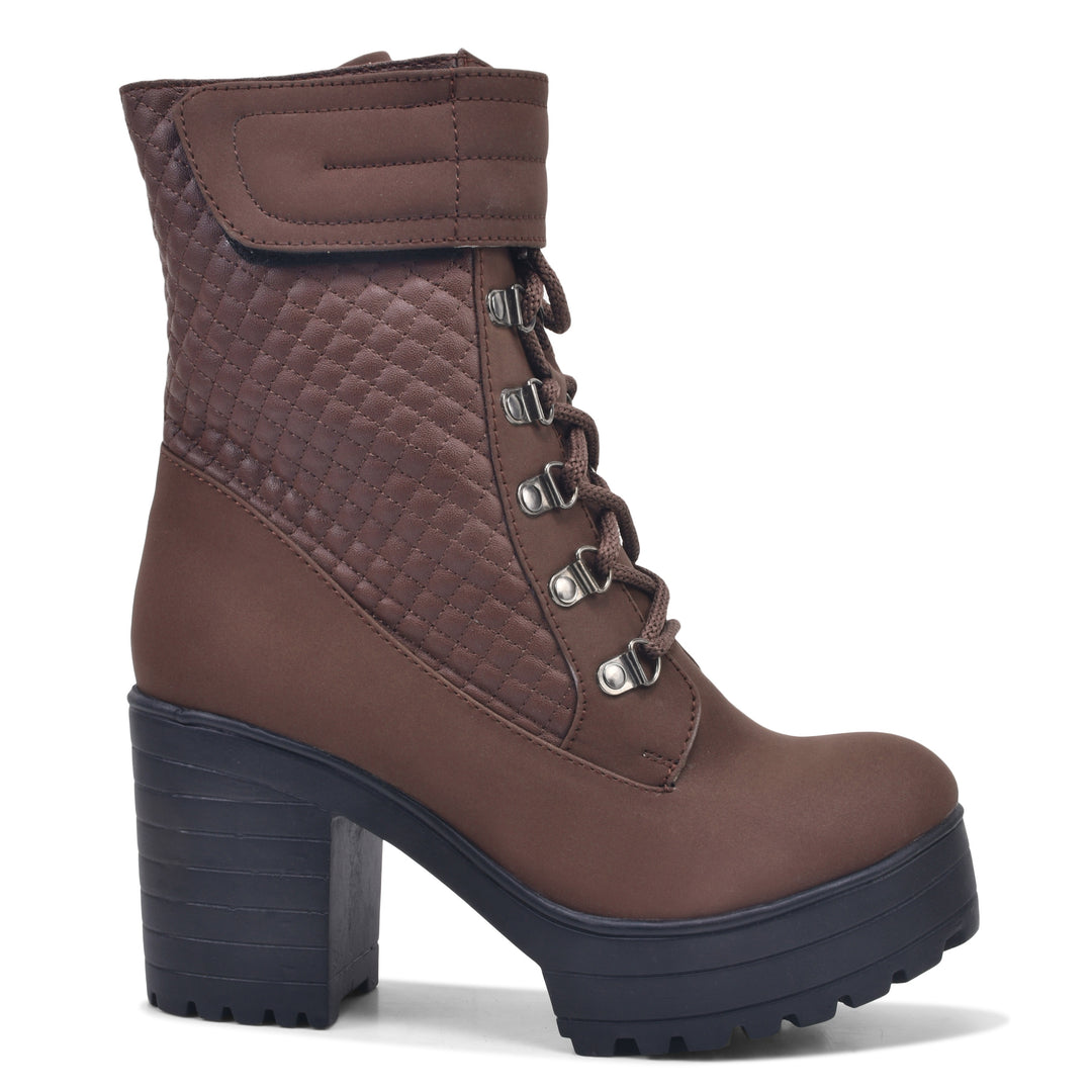 Padchin Women Block Heel Boot With Velcro Strap & Lace Up Style