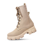 Load image into Gallery viewer, Padchin Women Block Heel Cream Boot With Chunky Lug Sole &amp; Lace Up Style
