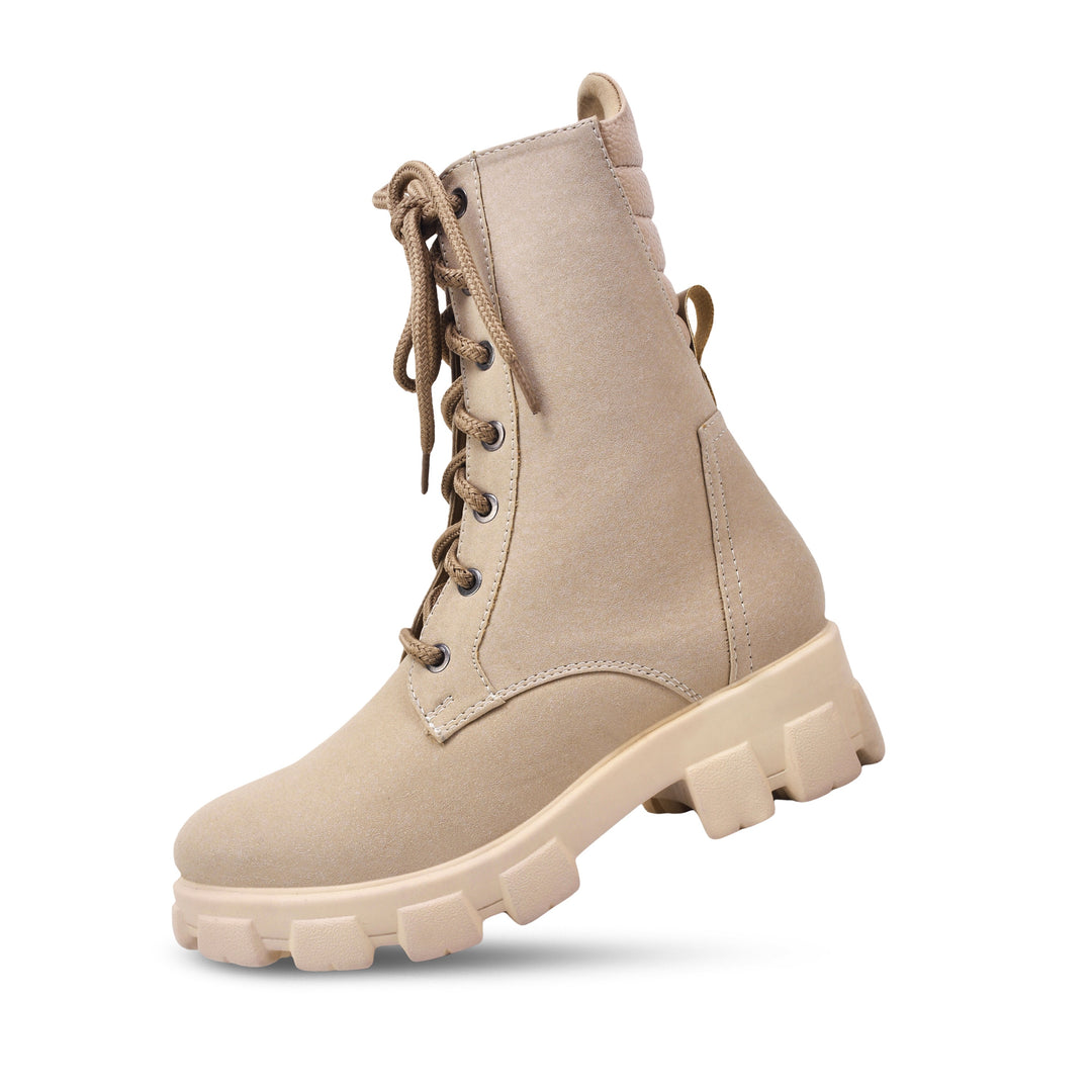 Padchin Women Block Heel Cream Boot With Chunky Lug Sole & Lace Up Style
