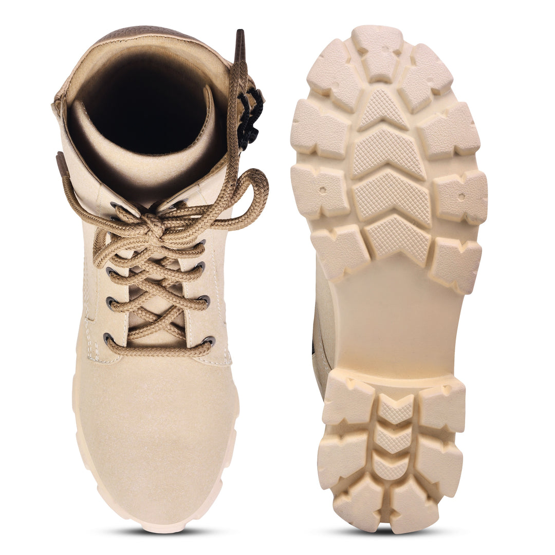 Padchin Women Block Heel Cream Boot With Chunky Lug Sole & Lace Up Style