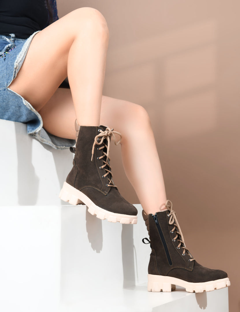 Padchin Women Block Heel Cream Boot With Chunky Lug Sole & Lace Up Style