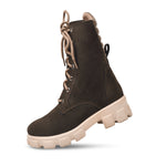 Load image into Gallery viewer, Padchin Women Block Heel Cream Boot With Chunky Lug Sole &amp; Lace Up Style
