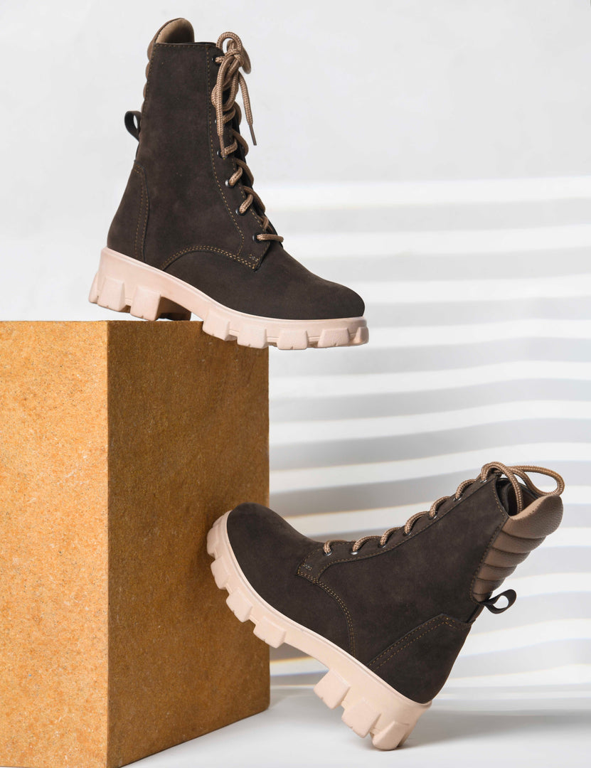 Padchin Women Block Heel Cream Boot With Chunky Lug Sole & Lace Up Style