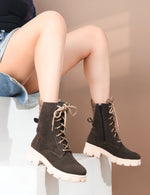 Load image into Gallery viewer, Padchin Women Block Heel Cream Boot With Chunky Lug Sole &amp; Lace Up Style
