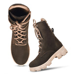 Load image into Gallery viewer, Padchin Women Block Heel Cream Boot With Chunky Lug Sole &amp; Lace Up Style
