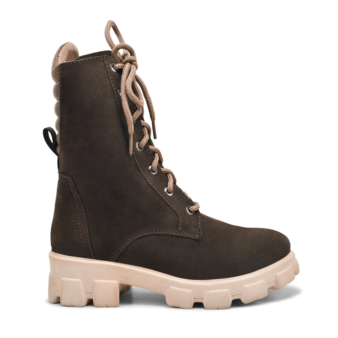 Padchin Women Block Heel Cream Boot With Chunky Lug Sole & Lace Up Style