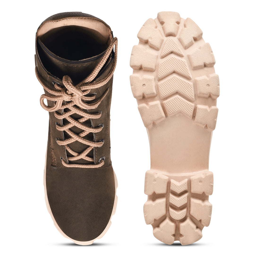 Padchin Women Block Heel Cream Boot With Chunky Lug Sole & Lace Up Style