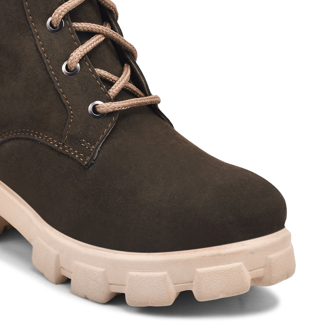 Padchin Women Block Heel Cream Boot With Chunky Lug Sole & Lace Up Style