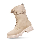 Load image into Gallery viewer, Padchin Womens Block Heel Beige Boot With Chunky Lug Sole and Decorative Side Buckle Style
