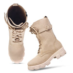 Load image into Gallery viewer, Padchin Womens Block Heel Beige Boot With Chunky Lug Sole and Decorative Side Buckle Style
