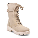 Load image into Gallery viewer, Padchin Womens Block Heel Beige Boot With Chunky Lug Sole and Decorative Side Buckle Style
