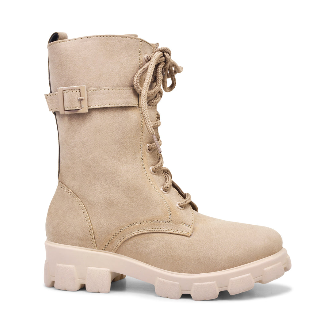 Padchin Womens Block Heel Beige Boot With Chunky Lug Sole and Decorative Side Buckle Style