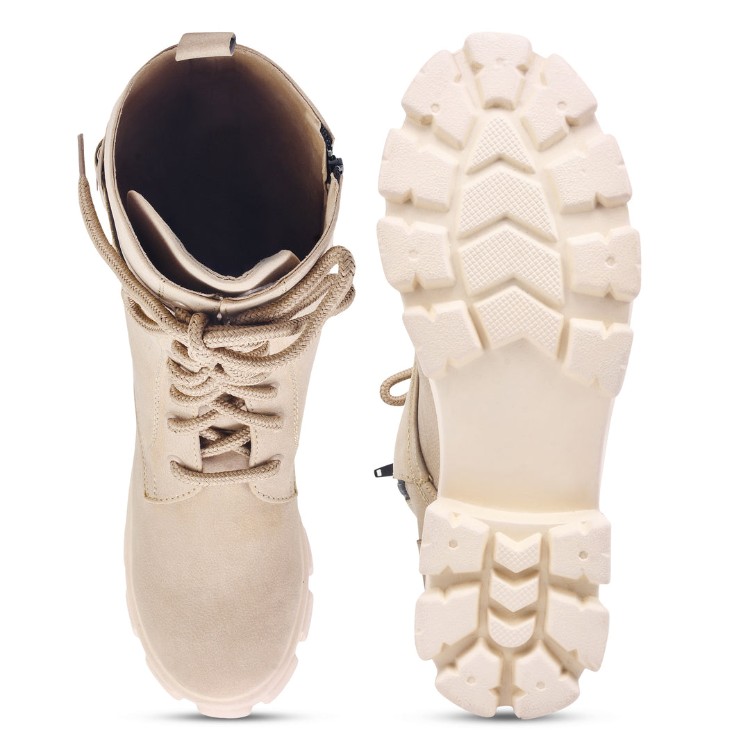 Padchin Womens Block Heel Beige Boot With Chunky Lug Sole and Decorative Side Buckle Style