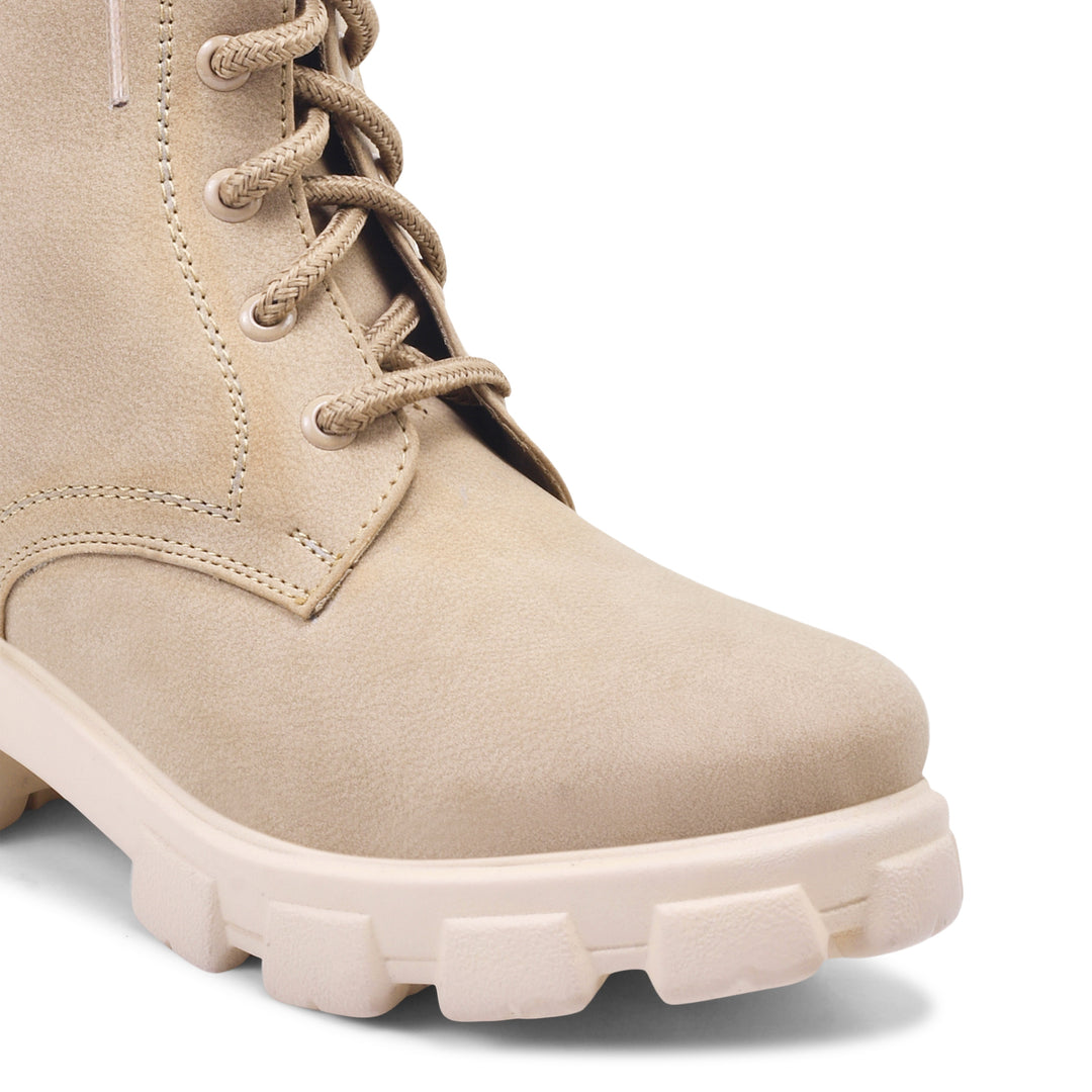 Padchin Womens Block Heel Beige Boot With Chunky Lug Sole and Decorative Side Buckle Style