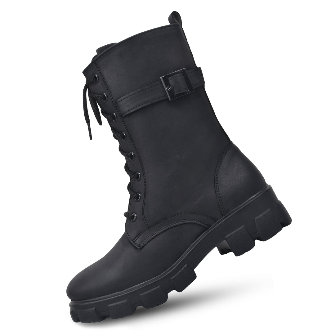 Padchin Womens Block Heel Beige Boot With Chunky Lug Sole and Decorative Side Buckle Style