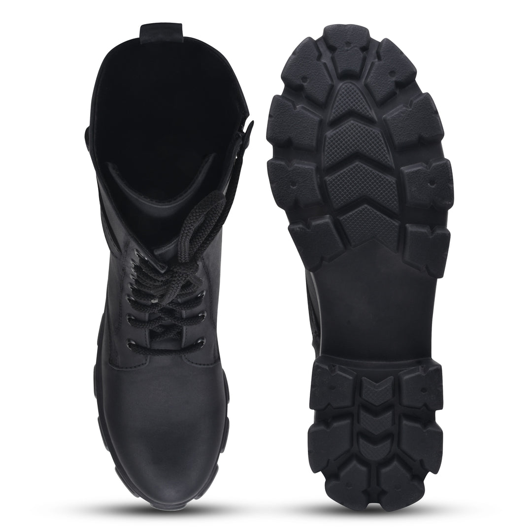 Padchin Womens Block Heel Beige Boot With Chunky Lug Sole and Decorative Side Buckle Style