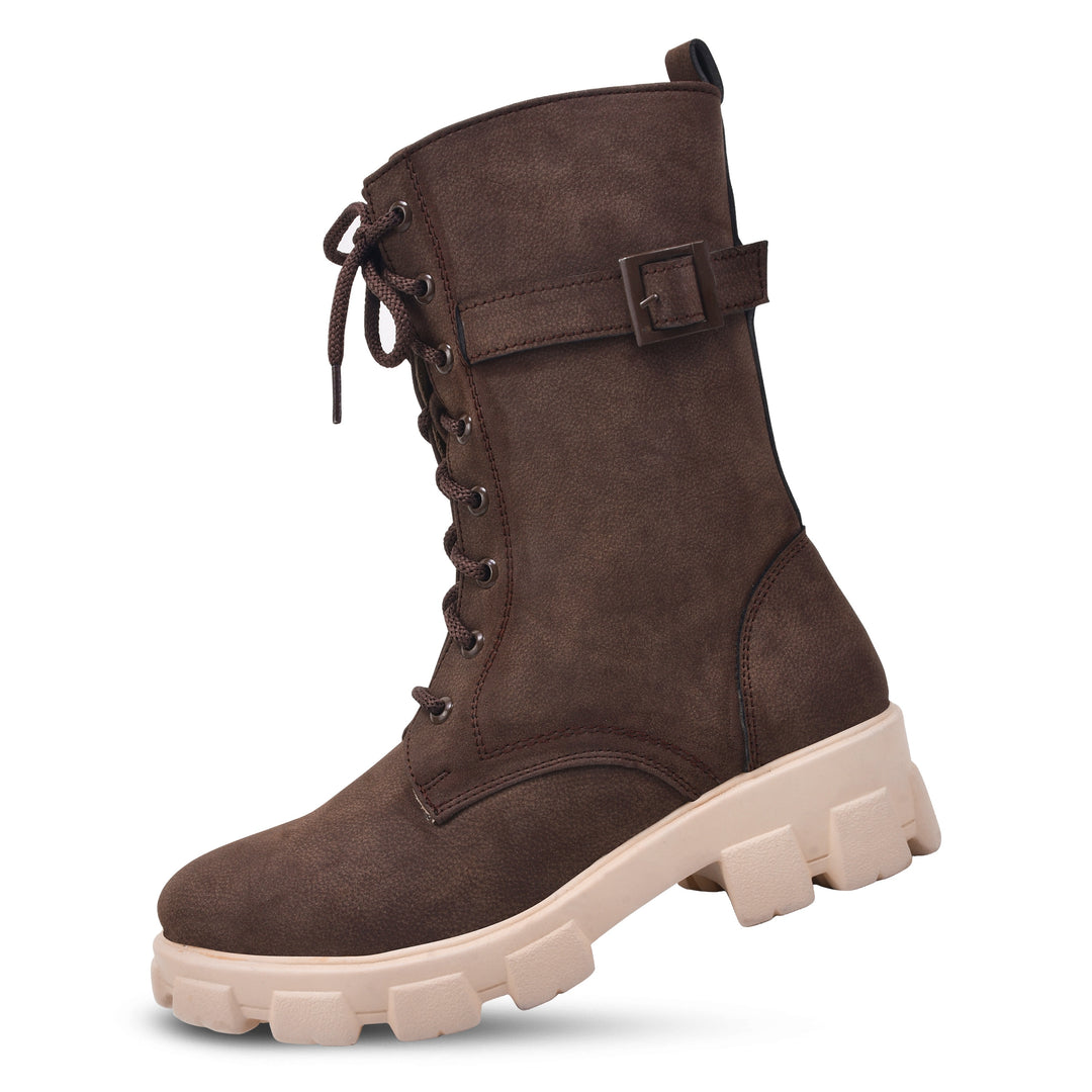 Padchin Womens Block Heel Beige Boot With Chunky Lug Sole and Decorative Side Buckle Style