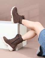 Load image into Gallery viewer, Padchin Womens Block Heel Beige Boot With Chunky Lug Sole and Decorative Side Buckle Style
